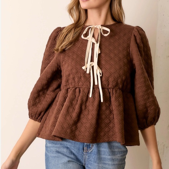 Polagram Tops - Polagram Ariel Quilted Knit Peplum Tie Top-Brown